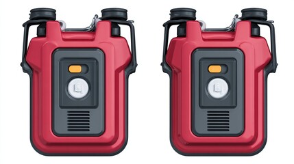 Two red safety devices with buttons & vents against a white background