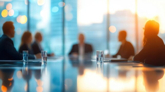 Blurry group of people sitting around a conference table in a modern office with large windows and natural light