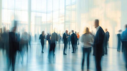 Blurred silhouettes of people in business attire interacting and walking in a spacious, brightly lit modern interior with large windows, evoking a busy professional atmosphere