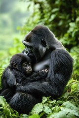 Obraz premium A tender moment of a mother gorilla gently holding and comforting her baby amidst lush green vegetation