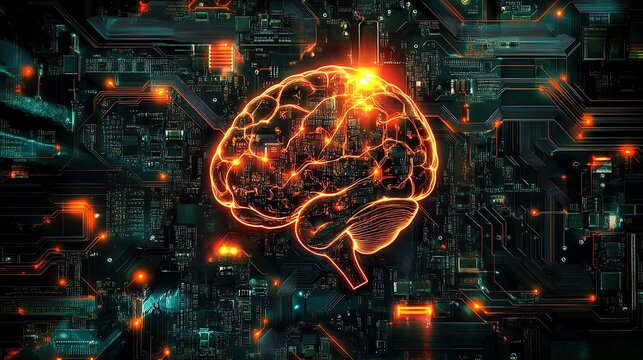 Glowing brain outline on a circuit board with orange highlights - Powered by Adobe