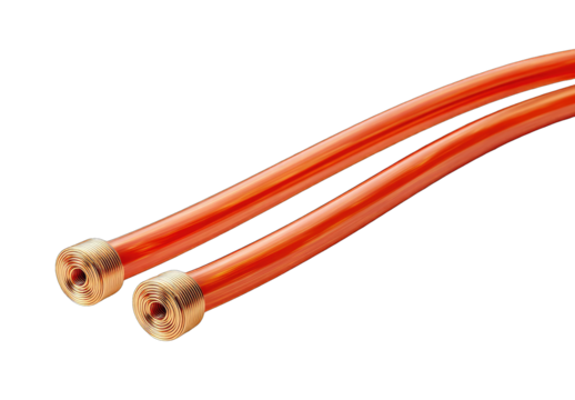 Two orange flexible tubes with metal fittings