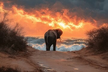 Solitary elephant standing on a dirt pathway facing turbulent ocean waves under a dramatic fiery sunset sky with dark clouds and surrounding dry bushes