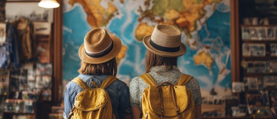 The travelers admire a world map while planning their next adventure together.