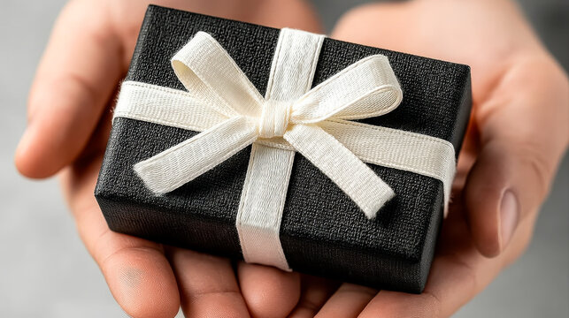 Stylish black gift box with white ribbon in hands