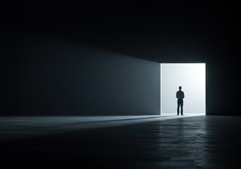 Obraz premium Man standing alone in a dark empty room facing a bright open door symbolizing hope, opportunity, and transition. 