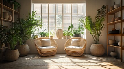 Bright Modern Living Room with Rattan Chairs and Plants
