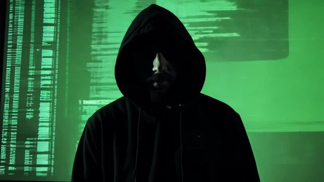 The Enigmatic Coder: A hooded figure shrouded in shadow stands before a screen displaying complex digital code, hinting at the mystery and power of the digital realm. 