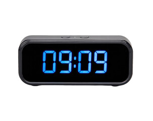Dark gray digital clock with a blue display showing 0909