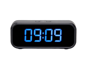 Dark gray digital clock with a blue display showing 0909