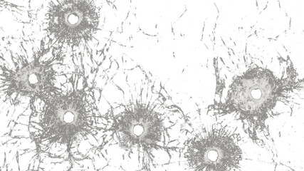 Bullet holes on glass. The impact shattered the glass