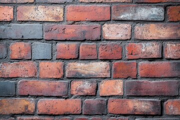 Obraz premium Close-up of a weathered red and gray brick wall with rough textures and variation in color and surface wear
