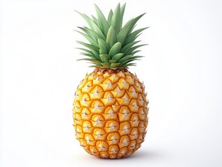 Fresh whole pineapple with green spiky leaves on a white background, vibrant yellow and textured skin showing natural fruit details