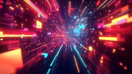 Abstract neon light streaks and geometric shapes in dark space