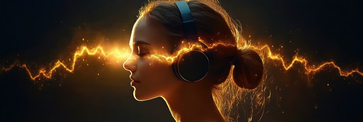 Profile of a woman wearing headphones with eyes closed surrounded by glowing golden light waves representing music or sound energy