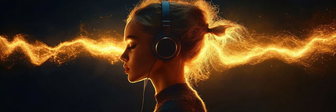 Side profile of a young woman with headphones listening intensely as bright golden light waves emanate from her hair in a dark background