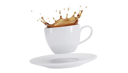 Fototapeta premium White 3d coffee cup. Americano splash and drops. Realistic render cute cups with plate or saucer. 