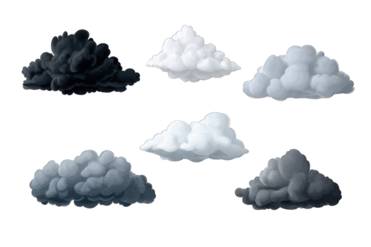 Cartoon clouds in various shades of gray and black
