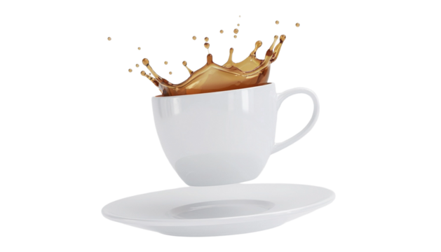 White 3d coffee cup. Americano splash and drops. Realistic render cute cups with plate or saucer.