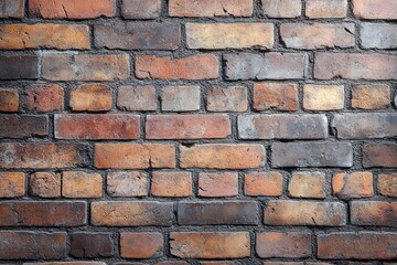 Obraz premium Close-up of a textured brick wall with various shades of red, orange, and brown bricks showing rough surfaces and mortar lines