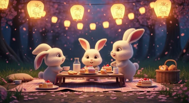 Adorable bunnies enjoying a delightful picnic under cherry blossoms