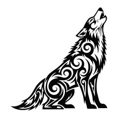 Tribal wolf howling at the moon design featuring swirling patterns perfect for tattoo art and graphic design projects
