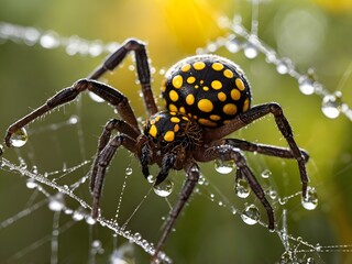 Fototapeta premium Vibrant spider with yellow spots on web glistening with water droplets, macro nature detail