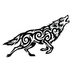 Tribal wolf design featuring swirling patterns and a howling pose perfect for tattoo art and graphic design projects