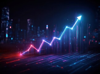 Glowing neon arrow graph rising upward in a futuristic digital cityscape with vibrant colors and dynamic light effects symbolizing growth and progress