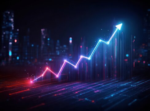 Glowing neon arrow graph rising upward in a futuristic digital cityscape with vibrant colors and dynamic light effects symbolizing growth and progress - Powered by Adobe