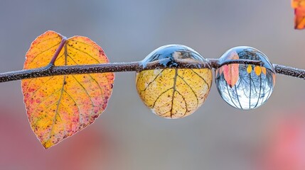 Autumn Leaf and Water Droplets Reflection Macro Photography