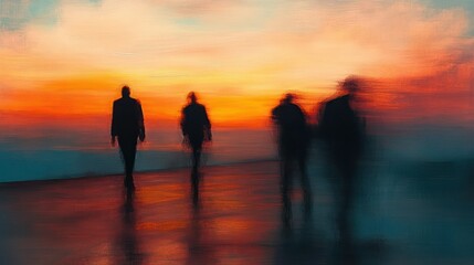 four blurred silhouetted figures walking on a reflective surface at sunset with vivid orange and blue sky creating a moody and contemplative atmosphere
