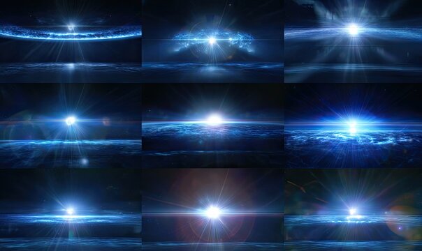 A grid of 12 digital images depicting celestial scenes with bright light