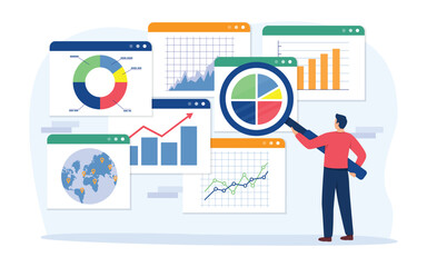 Businessman working for data analytics research and monitoring on the web report dashboard monitor. Businessman with magnifying glass analyze research chart and graph. Vector illustration.