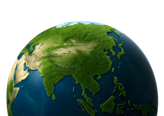 Asia continent on a green and blue earth globe isolated on transparent background