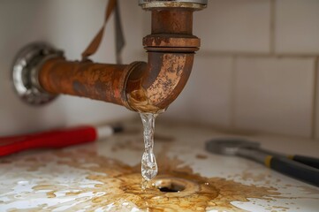 Sink Pipe Water Leak. Plumbing Damage At Home