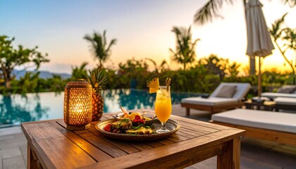 Tropical poolside dining at sunset