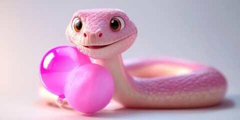 cute smiling pink snake with big friendly eyes holding pink balloons in a light background