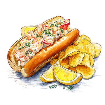 Lobster Roll Sandwich with Chips and Lemon Wedge