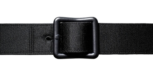 Close-up of a black nylon belt with a rectangular buckle