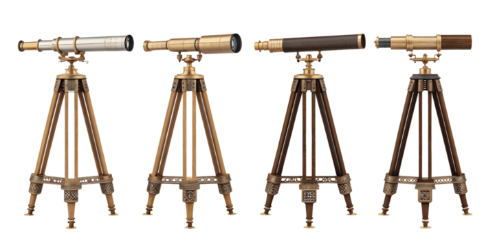 Set For Four antique telescopes are isolated on transparent background