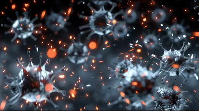 NK cell. Natural killer cell. Immunity. lymphocyte. Cytotoxic. Antibody. Perforin. Apoptosis. A close-up view of a virus with dynamic sparks in a dark background.