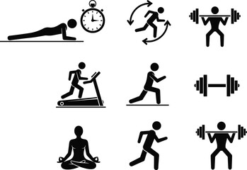 Fitness and wellness icon set featuring plank, running, weightlifting, meditation, treadmill, and stopwatch for health, exercise, and lifestyle design
