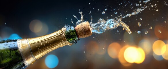 The champagne bottle erupts in celebration with a spectacular cork pop and spray.