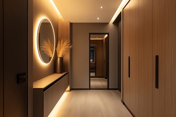 Modern Interior Hallway with Lighted Mirror and Wooden Cabinetry