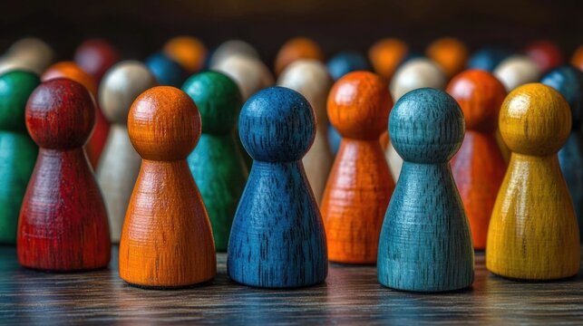 Close-up of colorful wooden game pieces arranged in multiple rows on a wooden surface, evoking teamwork and diversity