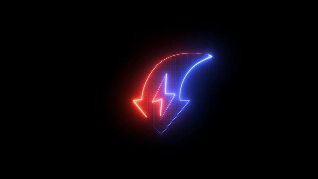 Neon glowing power drop with down arrow, energy decrease and tension decline, futuristic digital animation, 4k video on dark background