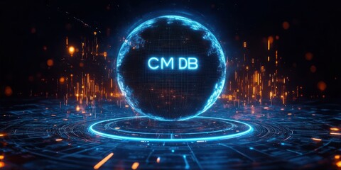 Futuristic glowing blue digital globe with neon circuit patterns and floating orange data streams in dark space, symbolizing advanced technology and data visualization