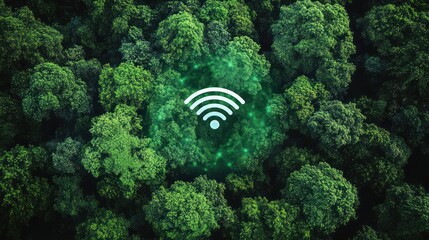 Aerial view of dense green forest with glowing digital signal icon at the center, symbolizing technology connectivity within nature