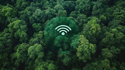 Aerial view of dense green forest with a glowing wireless wifi signal icon overlaid in the center symbolizing connectivity and technology amidst nature